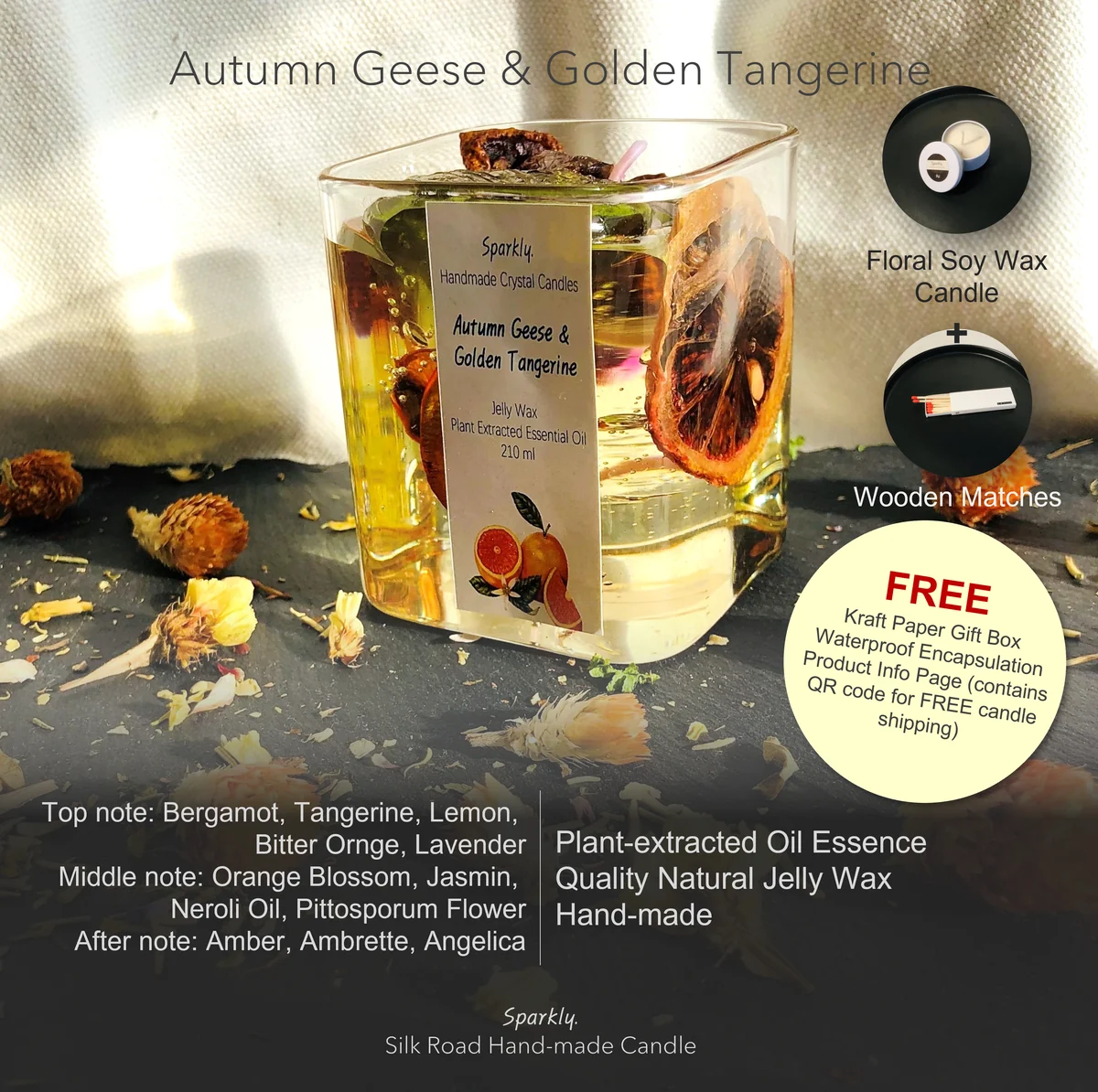 Autumn Geese and Golden Tangerine (EXTRA) crystal candle in a clear glass vessel — handmade by Sparkly