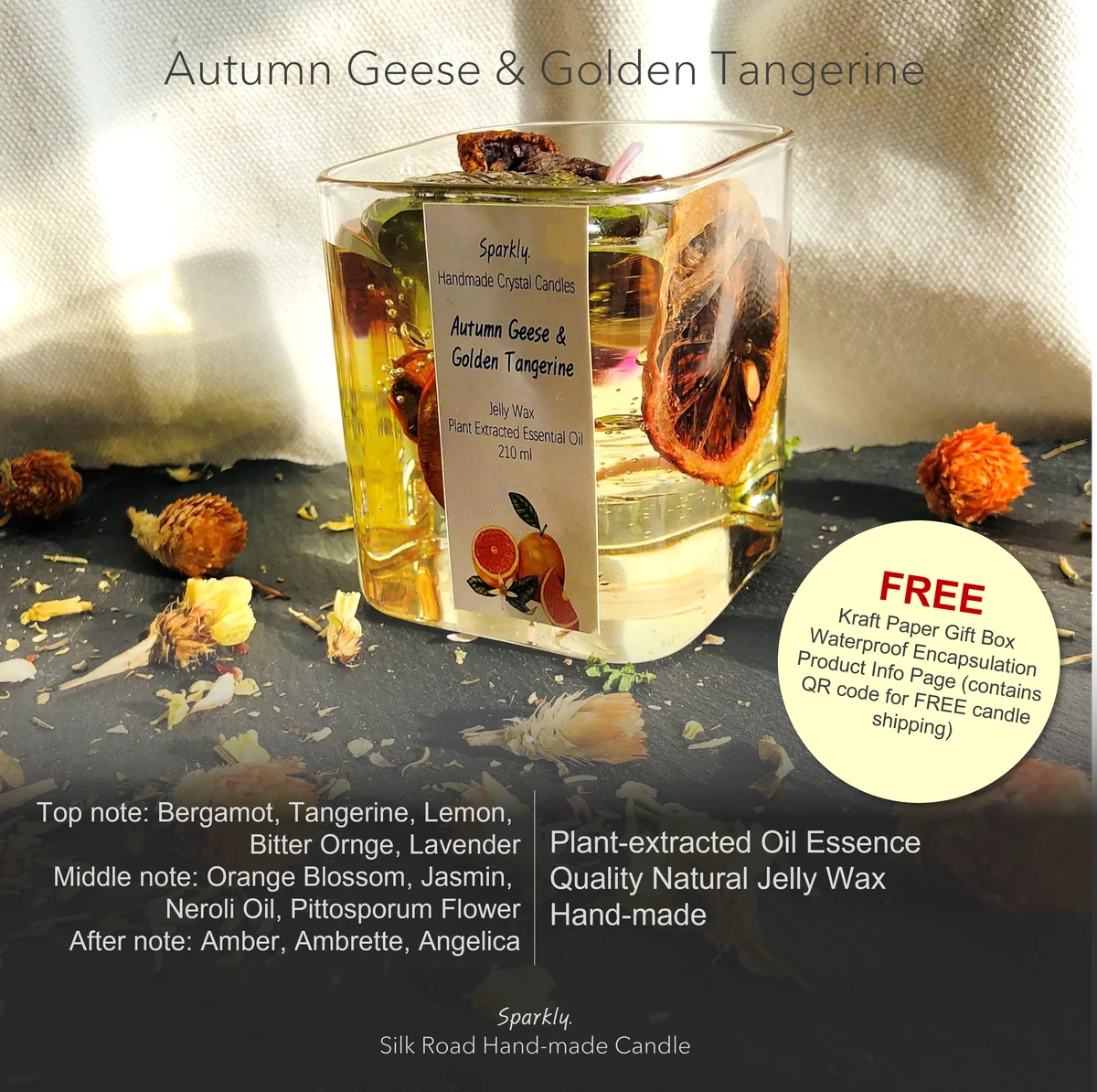 Autumn Geese & Golden Tangerine crystal candle in a clear glass vessel — handmade by Sparkly