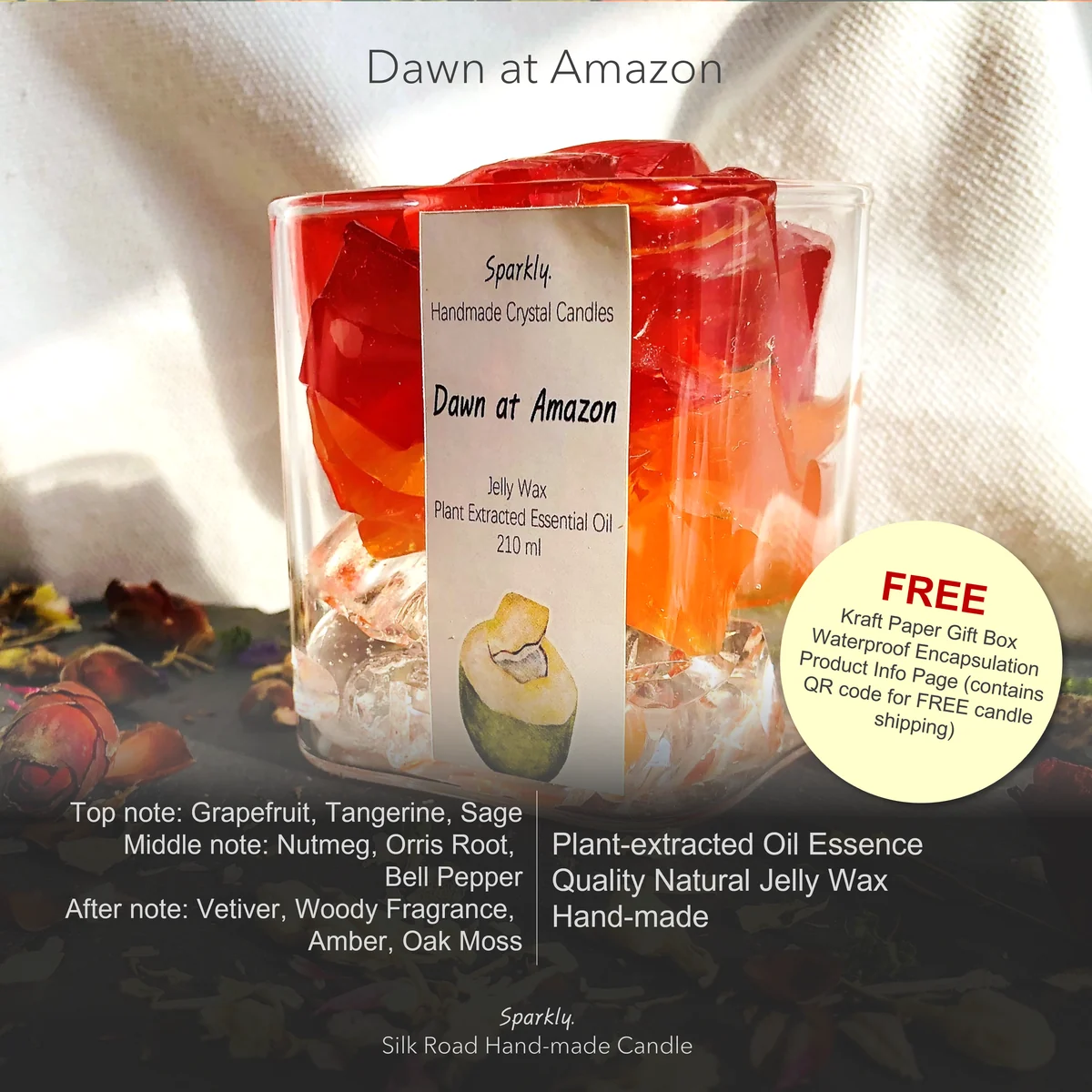 Dawn at Amazon crystal candle in a clear glass vessel — handmade by Sparkly