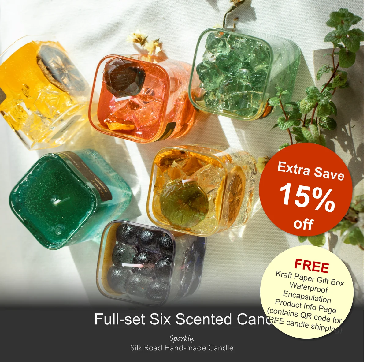 Full Set Six Scented Candles crystal candle in a clear glass vessel — handmade by Sparkly