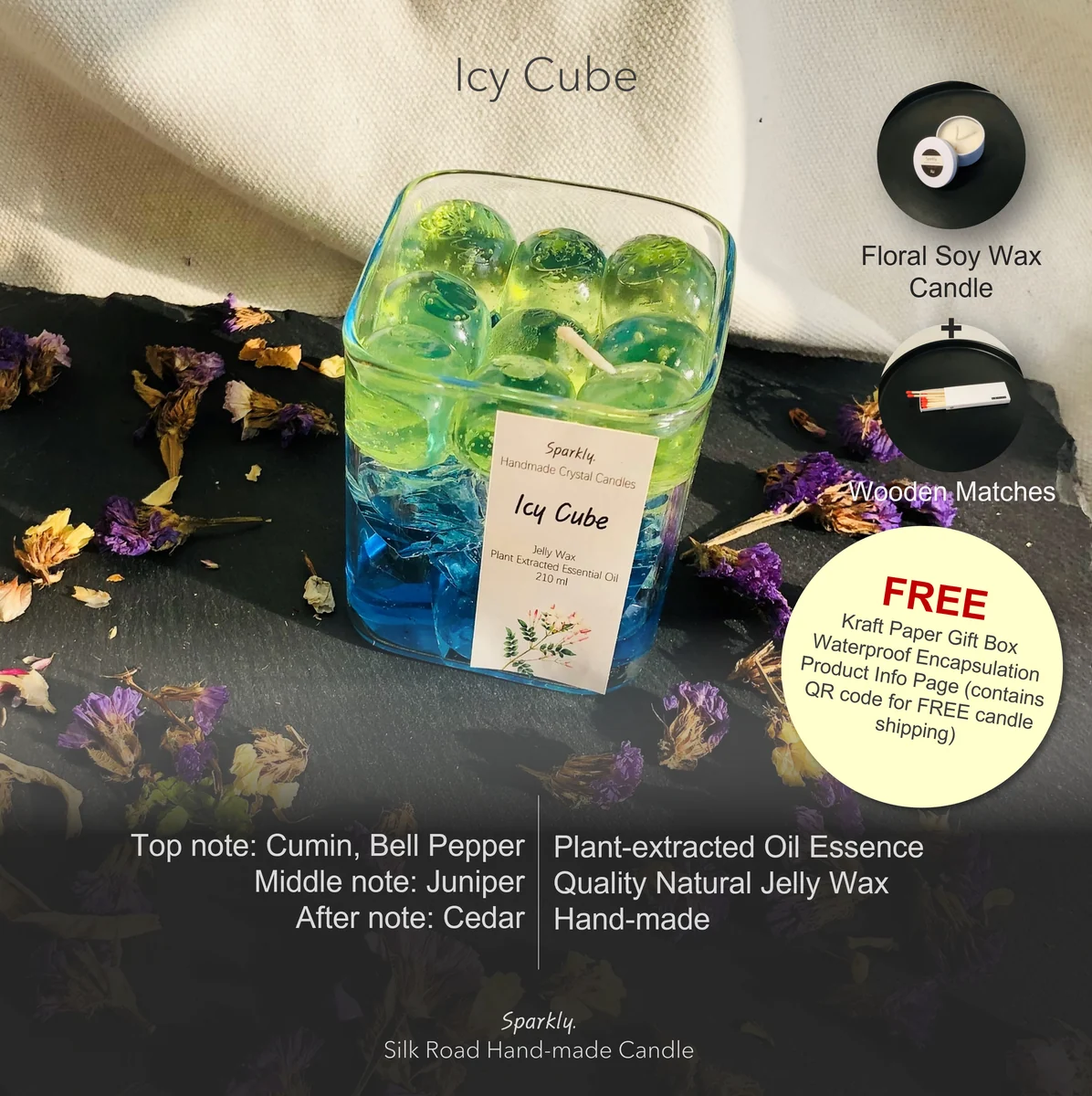 Icy Cube (EXTRA) crystal candle in a clear glass vessel — handmade by Sparkly