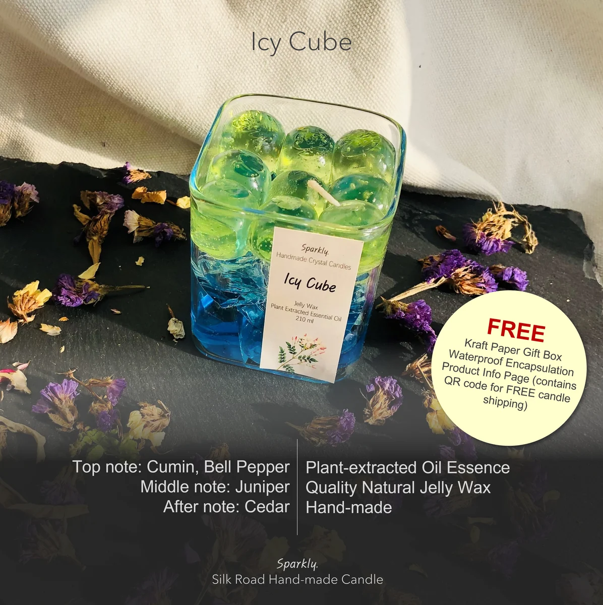 Icy Cube crystal candle in a clear glass vessel — handmade by Sparkly