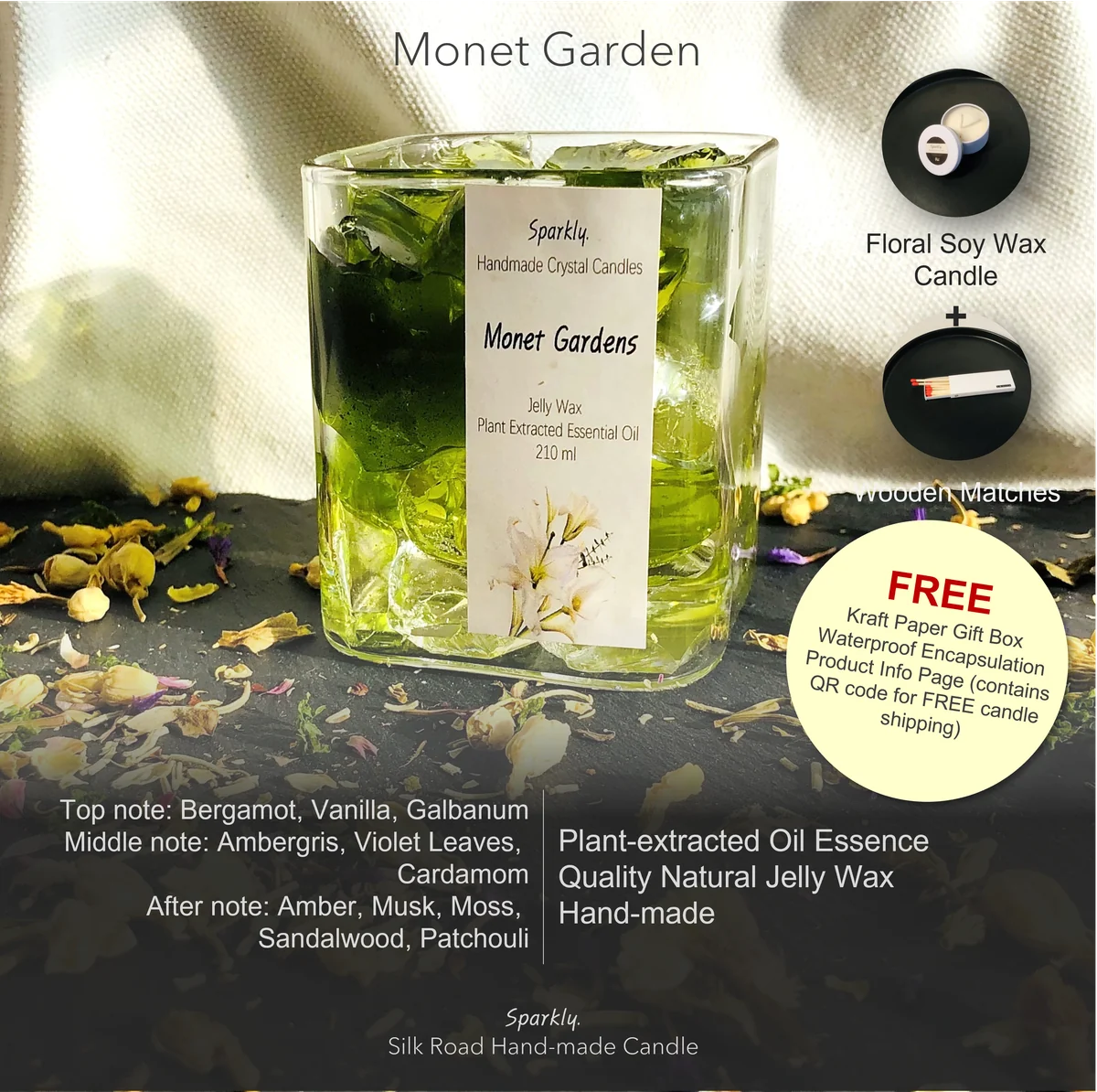 Monet Garden (EXTRA) crystal candle in a clear glass vessel — handmade by Sparkly
