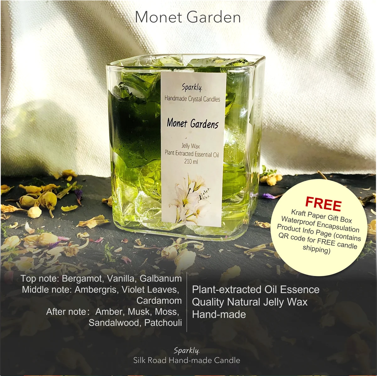 Monet Garden crystal candle in a clear glass vessel — handmade by Sparkly