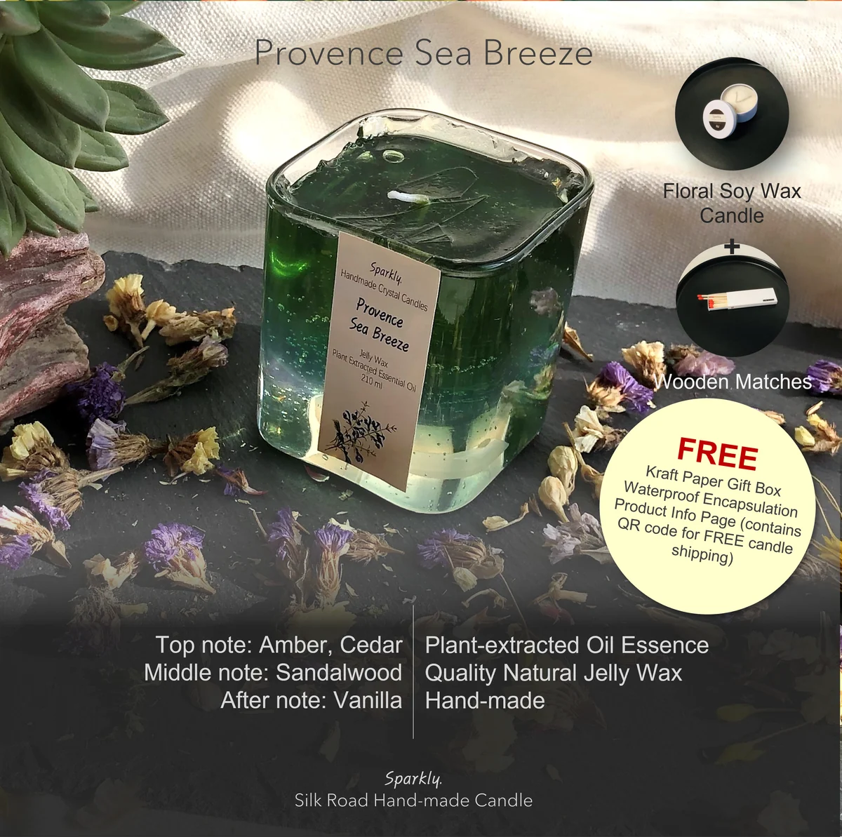 Provence Sea Breeze (EXTRA) crystal candle in a clear glass vessel — handmade by Sparkly