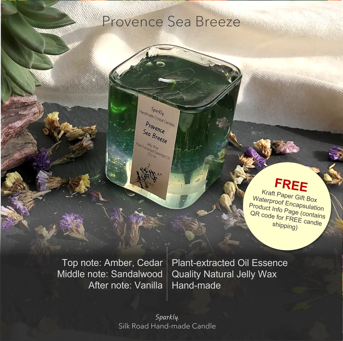 Provence Sea Breeze crystal candle in a clear glass vessel — handmade by Sparkly