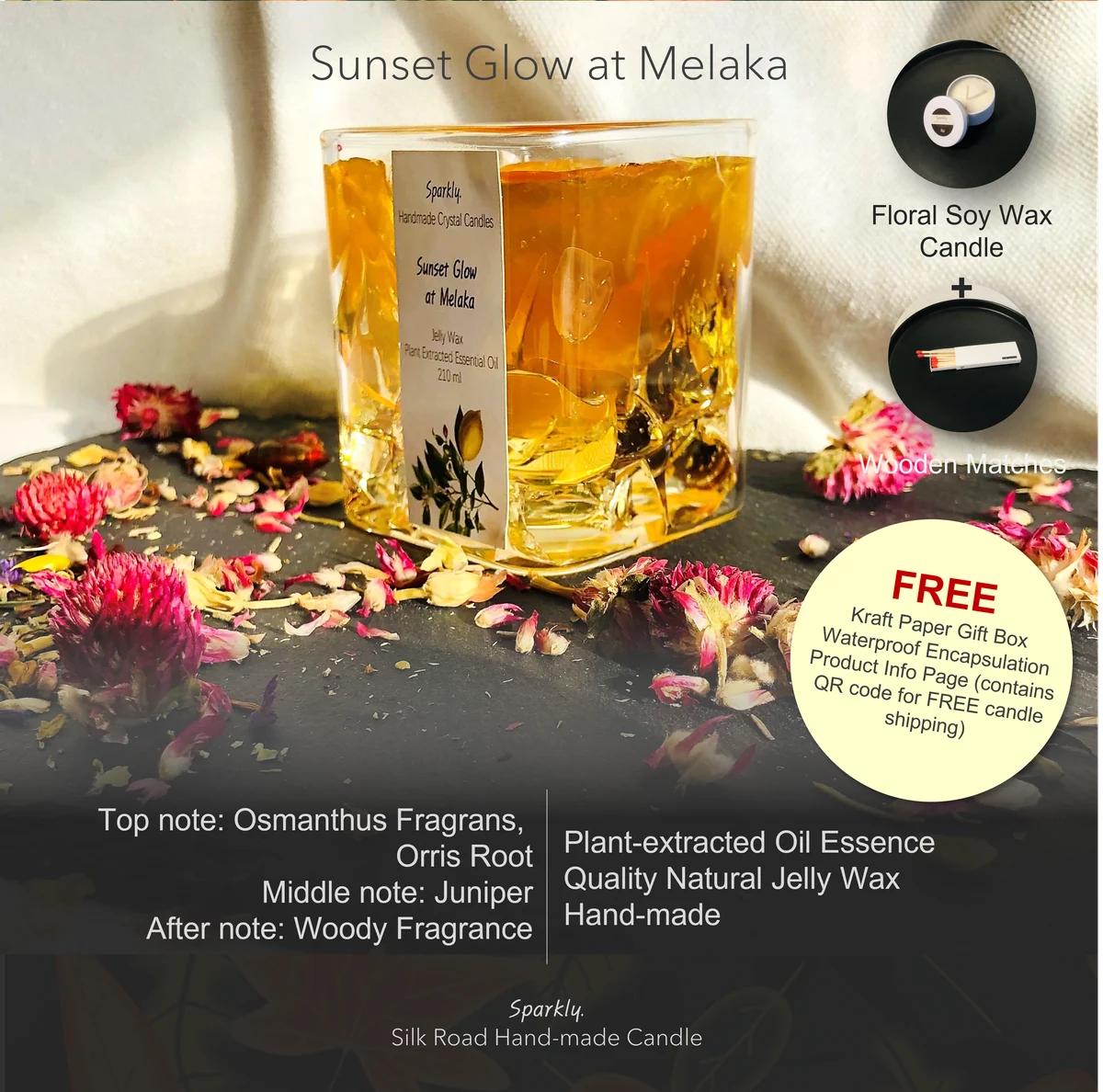 Sunset Glow at Melaka (EXTRA) crystal candle in a clear glass vessel — handmade by Sparkly