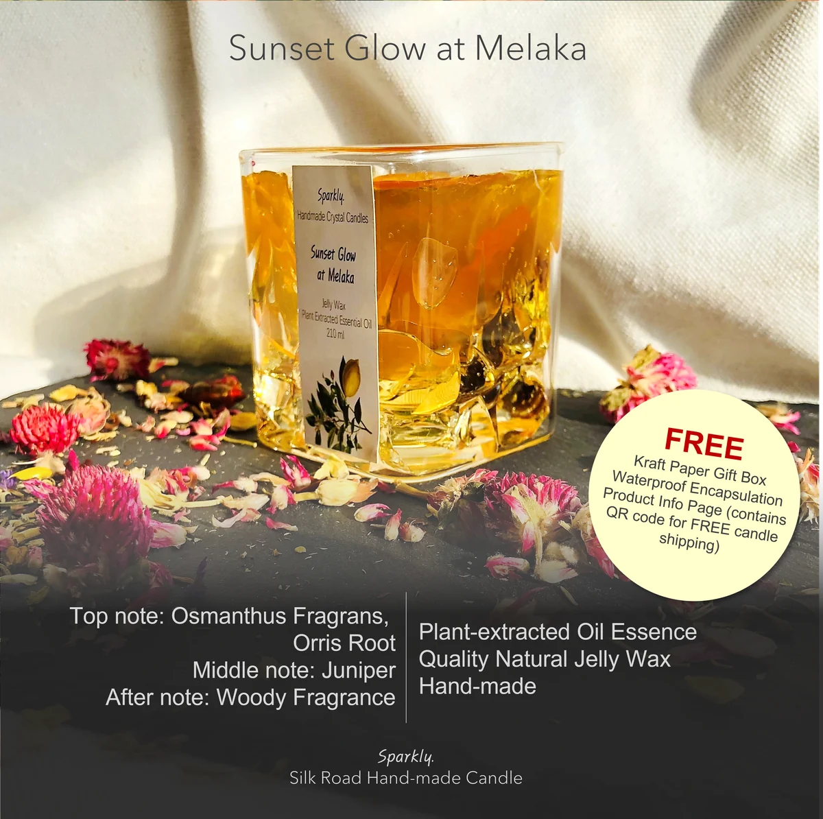 Sunset Glow at Melaka crystal candle in a clear glass vessel — handmade by Sparkly